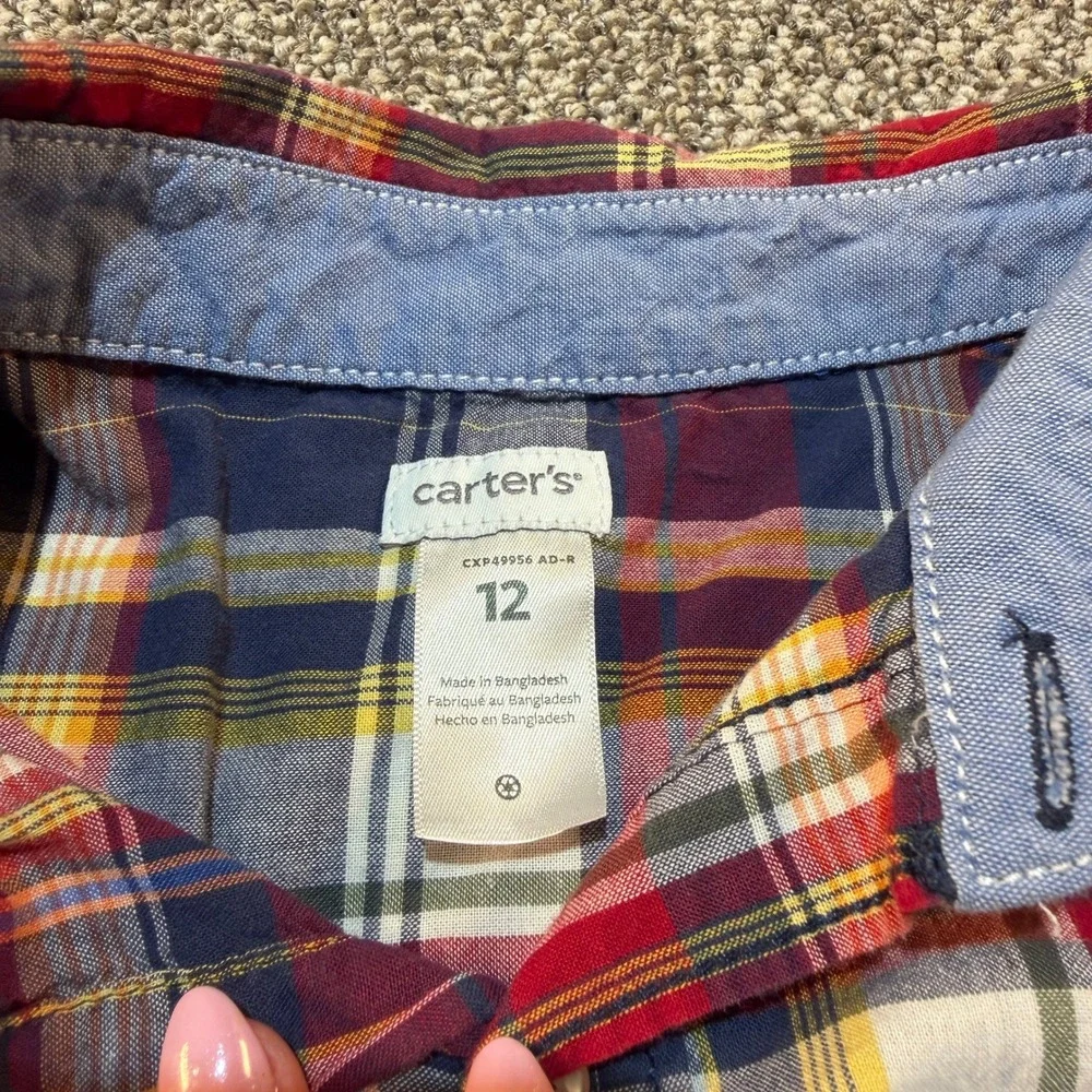 Carters Boys Size 12 Red Navy Plaid Long Sleeve Cotton Button Down Shirt